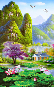 3d立体玄关过道走廊竖版山水风景画油画风景荷花图欧式玄关壁画