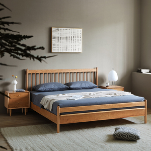 北欧实木床日式简约樱桃木家具1.8米主卧双人床复古卧室原木风床