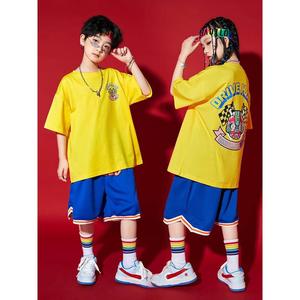 炸街童装男童街舞套装夏季黄色T恤演出服儿童hiphop嘻哈走秀潮服