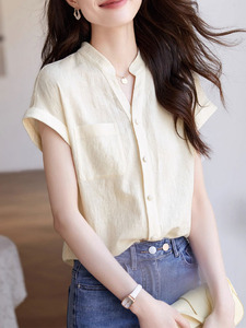 V领棉麻提花短袖衬衫女2024夏季新款韩版时尚休闲质感连肩袖衬衣