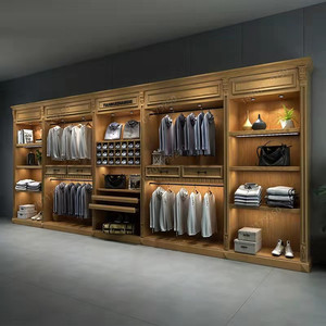 定制木质男装西服展柜高定店服装货架陈列柜木纹衬衫领带展柜