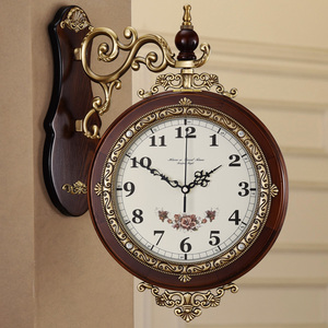 黄铜欧式双面挂钟客厅现代简约静音创意钟表美式石英钟大号墙钟