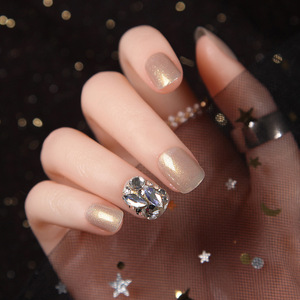 珠光微闪冰沙浅香槟色短款水钻穿戴甲片美甲贴片可拆卸假指甲成品