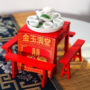 厂家潮汕八仙桌潮州文化特色摆件迷你长椅子配桌裙红色四方桌神桌