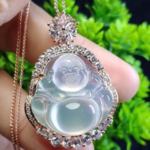 拍卖天然冰种玉髓白冰大佛公吊坠 高冰玛瑙925银镶嵌水晶玉髓项链