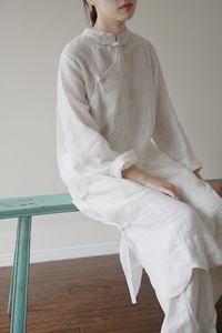 新中式国风套装白色禅服女禅修服连衣裙苎麻汉服袍子高级茶艺师服