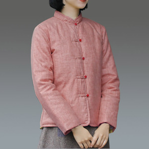 中式改良盘扣棉服上衣禅意中国风茶艺师服装秋冬加厚亚麻棉衣外套