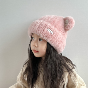 女童帽子秋冬款儿童针织帽2023新款女孩冬季加绒毛线帽宝宝帽子