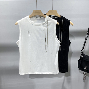 白色破洞背心男夏季网红潮流宽松无袖t恤男士潮牌ins个性百搭坎肩