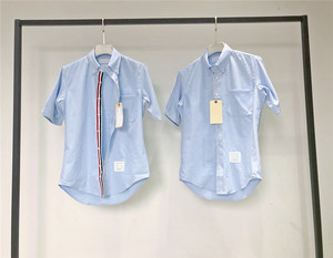 2023夏季TB男士短袖衬衫经典红白蓝条纹织带牛津纺休闲帅气衬衣潮