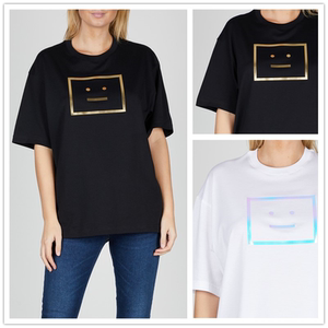 acne studios 方脸反光金属镭射笑脸男女情侣款圆领纯棉短袖t恤