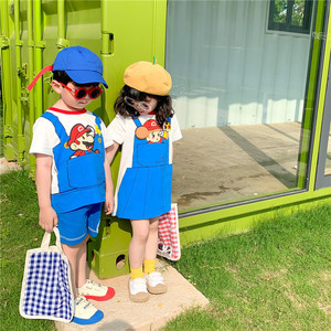 2023年夏款儿童动漫超级玛丽套装马里奥服装幼儿园表演可爱兄妹装