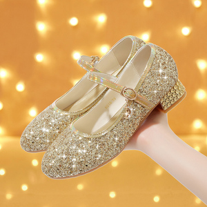 金色演出鞋子女大童舞台公主水晶鞋学生钢琴表演粗低跟走秀礼服鞋