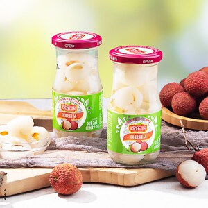 新货正品欢乐家荔枝罐头256gx6罐玻璃瓶装新鲜糖水荔枝罐头水果包