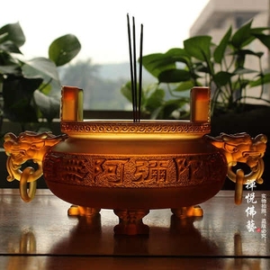 纯手工古法琉璃三足双耳香炉南无阿弥陀佛竹签佛供具家用桌面摆件