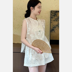 新中式女装国风气质轻奢高级感白色盘扣马甲上衣短裤两件套装夏季