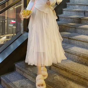 网纱半身裙女春夏新款网红重工钉珠超火纱裙中长款遮胯a字仙女裙