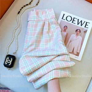 粉蓝撞色格子阔腿裤女夏季设计感高腰垂感小个子直筒休闲西装裤薄