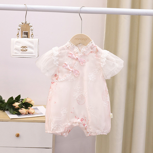 婴儿衣服夏装小公主旗袍中国风连体衣百天三个月女宝宝满月三角爬