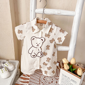 婴儿衣服夏天薄款a类纯棉短袖三个月宝宝夏装小熊衬衫可爱连体衣6