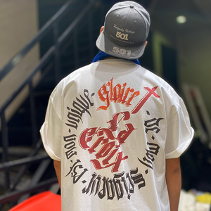 奇卡诺原创背杀系列西海岸匪帮花体字纹身师t恤纯棉落肩大码短袖