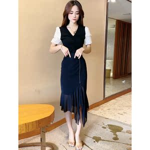 夏季时尚套装女裙装修身连帽t恤包臀后开叉半身裙休闲两件套4人付款