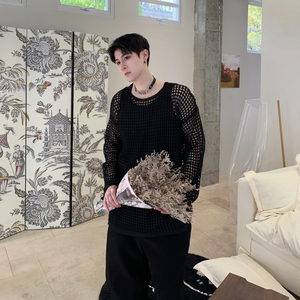 网红许华升同款网状镂空针织长袖t恤男外搭罩衫中性无性别上衣潮