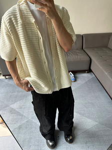 米白色老钱风cleanfit衬衫男夏季镂空针织短袖开衫高级感潮牌外套