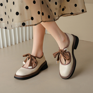 foyaの增高显瘦气质好款~韩版拼色蝴蝶结粗跟厚底单鞋女小皮鞋