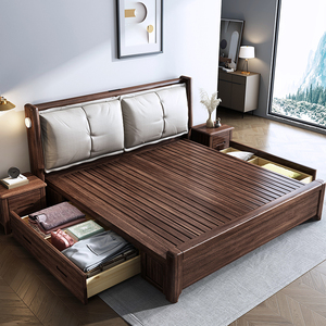 高档胡桃木床实木品质软包双人主卧2米x2米大床200×220储物高箱