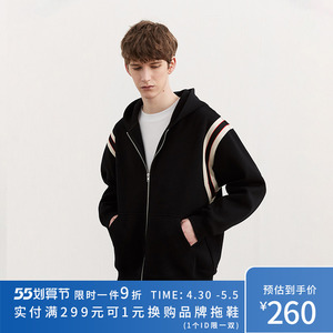 climax vision黑白织带拼接加绒拉链开衫连帽卫衣休闲帽衫外套