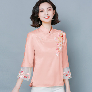 国风刺绣上衣粉色七分袖衬衫设计感中装女唐装高级感漂亮别致小衫
