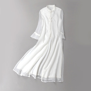 中国风改良茶服女春秋茶艺师服装禅服中式禅意女装仙气白色连衣裙