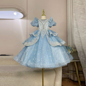 高端儿童礼服蓝色生日公主裙花童婚礼蓬蓬裙小主持人钢琴走秀演出