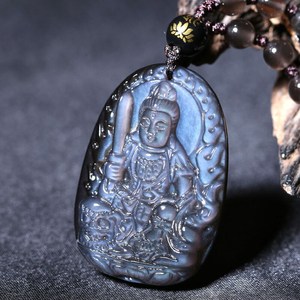 蓝眼冰种黑曜石本命佛项链 文殊菩萨生肖属兔守护神吊坠挂件新