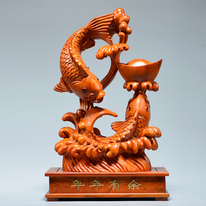 花梨木雕年年有余摆件连年有余实木质雕刻家居客厅装饰摆设工艺品