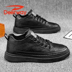 德尔惠男鞋秋季2021年新款潮鞋百搭潮流皮面黑色板鞋男士休闲皮鞋