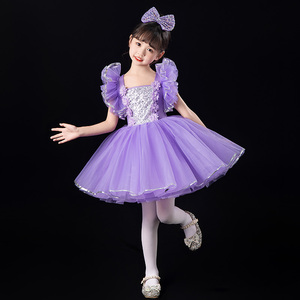 儿童蓬蓬纱裙演出服六一紫色可爱公主女童幼儿园舞蹈连衣裙表演服