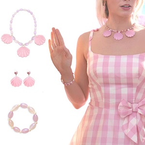 Barbie's jewelry芭比娃娃公主粉色贝壳项链手链宝石耳夹耳钉套装
