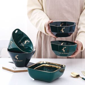干饭人专用碗北欧祖母绿金边碗斗笠碗陶瓷韩版ins风沙拉碗意面碗