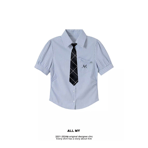 「ALL MY」原创自制韩版束腰条纹短款短袖衬衫女夏显瘦泡泡袖上衣