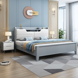 北欧软靠实木床现代简约1.8主卧1.5高箱抽屉床头夜灯储物充电床
