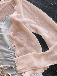 粉色冰丝针织防晒开衫波点外搭长袖空调罩衫披肩女夏薄款短款上衣