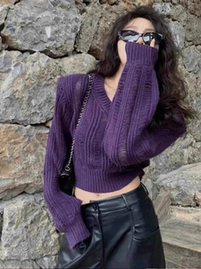 紫色镂空垫肩v领套头针织衫女秋冬独特别致绝美毛衣收腰短款上衣