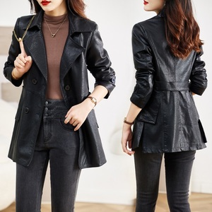 皮衣女中长款2022年春秋季新款修身显瘦时尚洋气百搭西装领外套潮