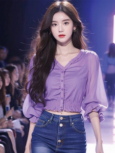 2024夏季新款韩系穿搭今年流行的漂亮小衫独特上衣紫色长袖衬衫女