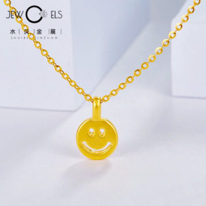 周六福999足金笑脸黄金吊坠女3d硬金微笑表情项链套链24k纯金圆牌