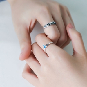 蓝色公主与骑士情侣戒指纯银一对情侣款对戒小众原创设计学生简约