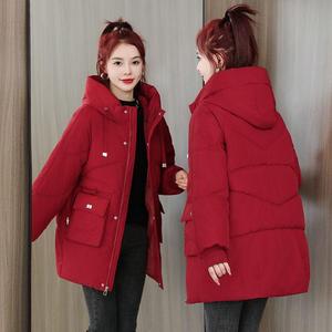 冬季红色带帽羽绒棉服女士韩版棉衣中长款加厚防风棉袄连帽面包服