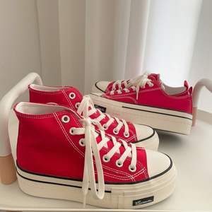4cm红色厚底高帮帆布鞋女小众设计复古港味ulzzang百搭ins潮板鞋